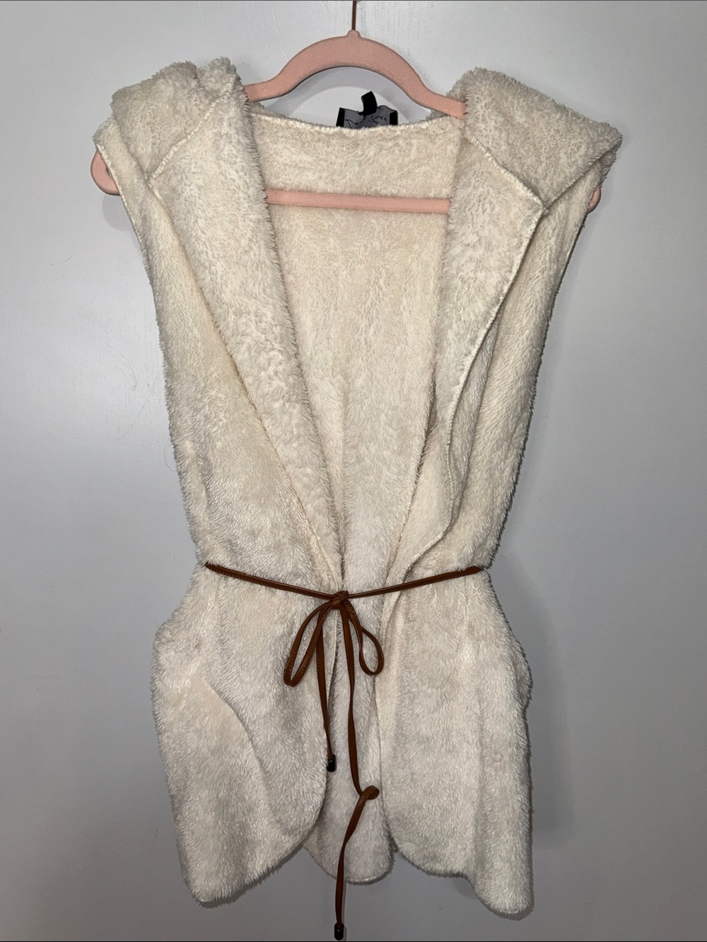 Love Tree Cream Hooded Faux Fur Vest with Brown Tie